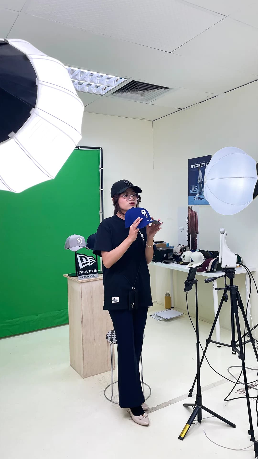 Green screen stage with studio lighting
